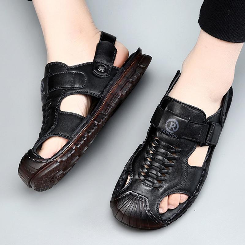 2025 Sommerschuhe Herren Echtes Leder Sandalen Flach Rutschfest Rindsleder Männerschuhe Modemarke Schwarz Gelb Schuhe