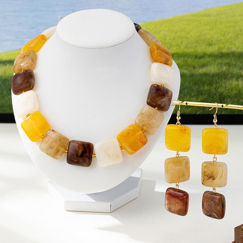 Beach Style Retro Amber Square Beaded Necklace for Women Earrings Accessories