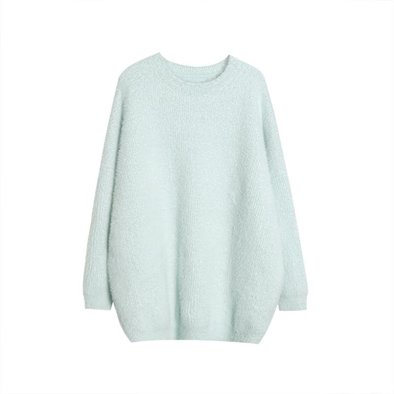 European and American popular imitation mink sweater women's autumn and winter soft waxy loose lazy wind long-sleeved top crew neck knitted sweater