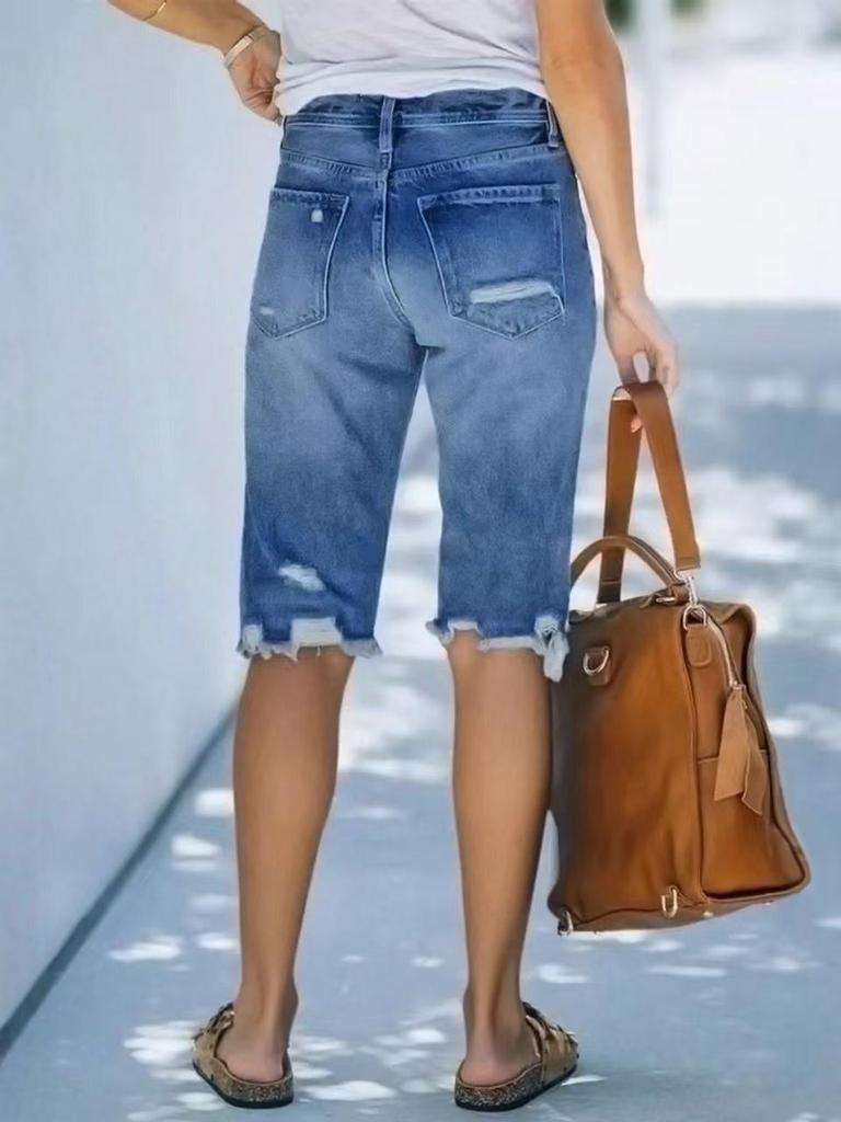 Women's Fashion Distressed Denim Bermuda Shorts - Casual Rip-Finish Five-Point Style