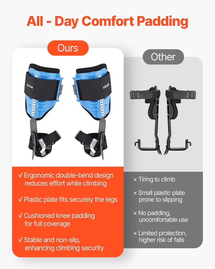 VEVOR Tree Climbing Spikes, Height-Adjustable Tree Climbing Gear with Straps & Padding Cushion, 159 Kg Load Capacity