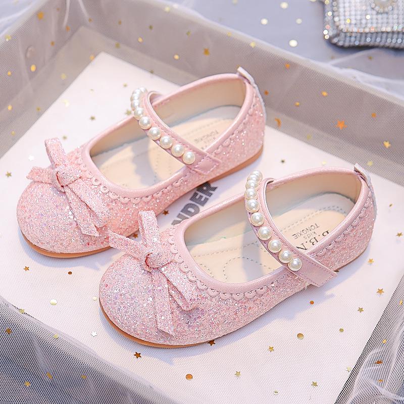 Girls' Sequin Bow Flats - 2025 Spring, Soft Sole Leather Pearl Shoes