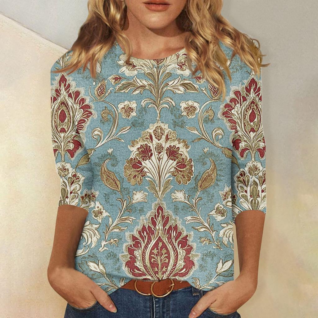 Women's Fashion Casual Seven Sleeve Vintage Printed Round Neck T-Shirt Top
