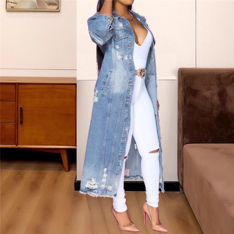 European & American Spring/Autumn Women's Washed Ripped Denim Long Sleeve Trench Coat with Lapel