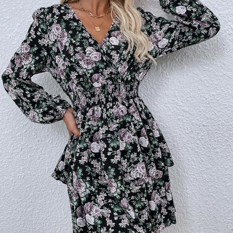 Casual V-Neck Puff Sleeve Floral Print A-Line High Waist Short Dress Women Black S-XL