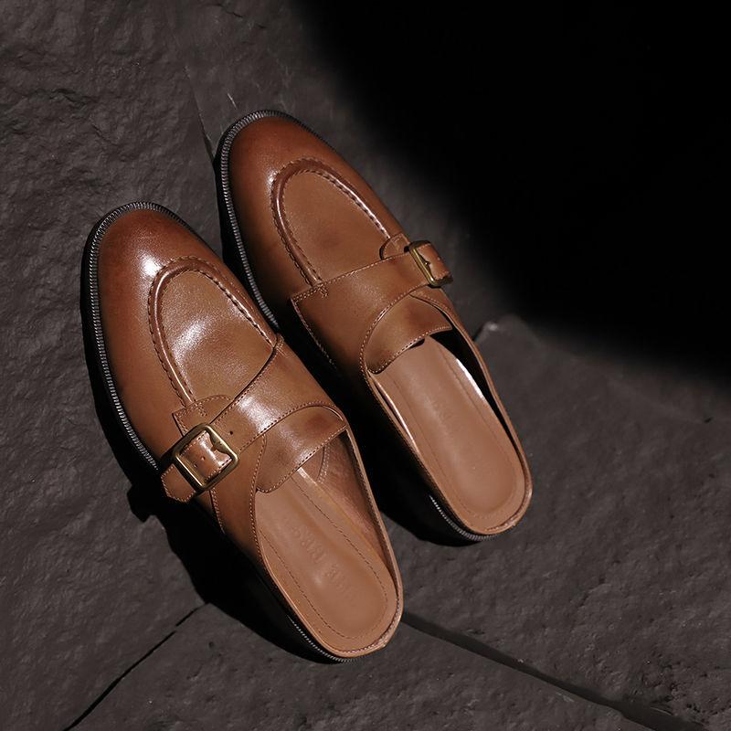 Fashion 2025 Women's New Spring/Summer Retro Round Toe Genuine Leather Sheepskin Headband Comfortable Mid Heel Large Muller Slippers