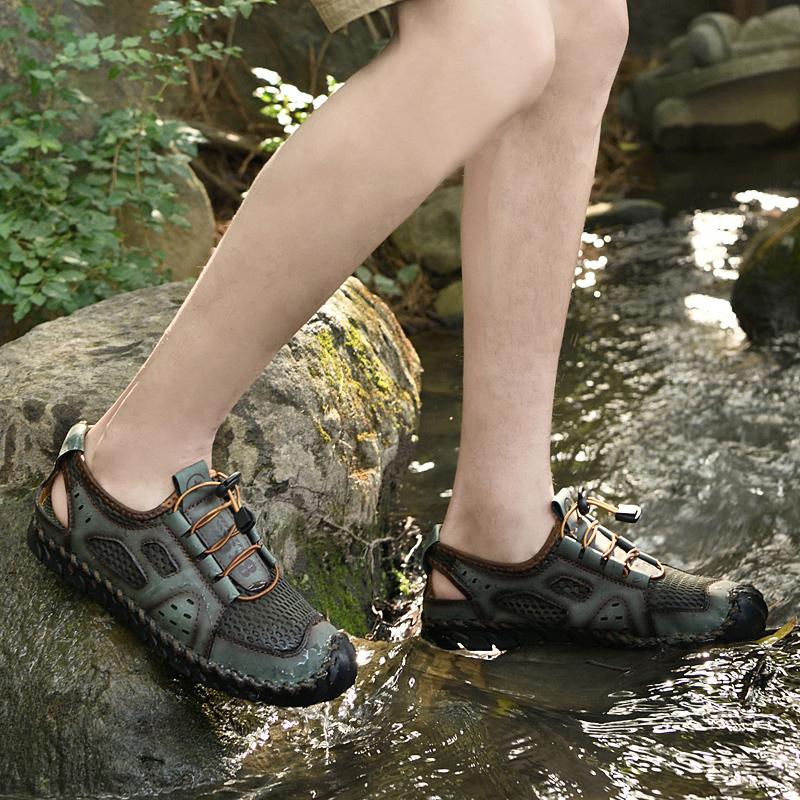 Pánské retro ležérní boty, velké velikosti, ručně vyrobené z pravé kůže, ležérní sportovní sandály, venkovní turistické a brodivé sandály