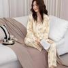 New ice silk pajamas women's spring and autumn long-sleeved cardigan striped cat print loungewear can be worn outside Internet celebrity suit