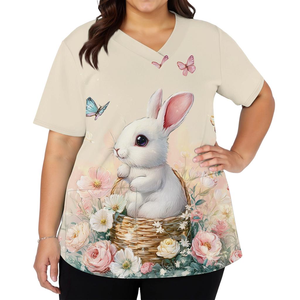 Women's Fashionable V-neck Short-sleeved Work Top With Double Side Slits And Pockets, Featuring Easter Bunny And Egg Prints.