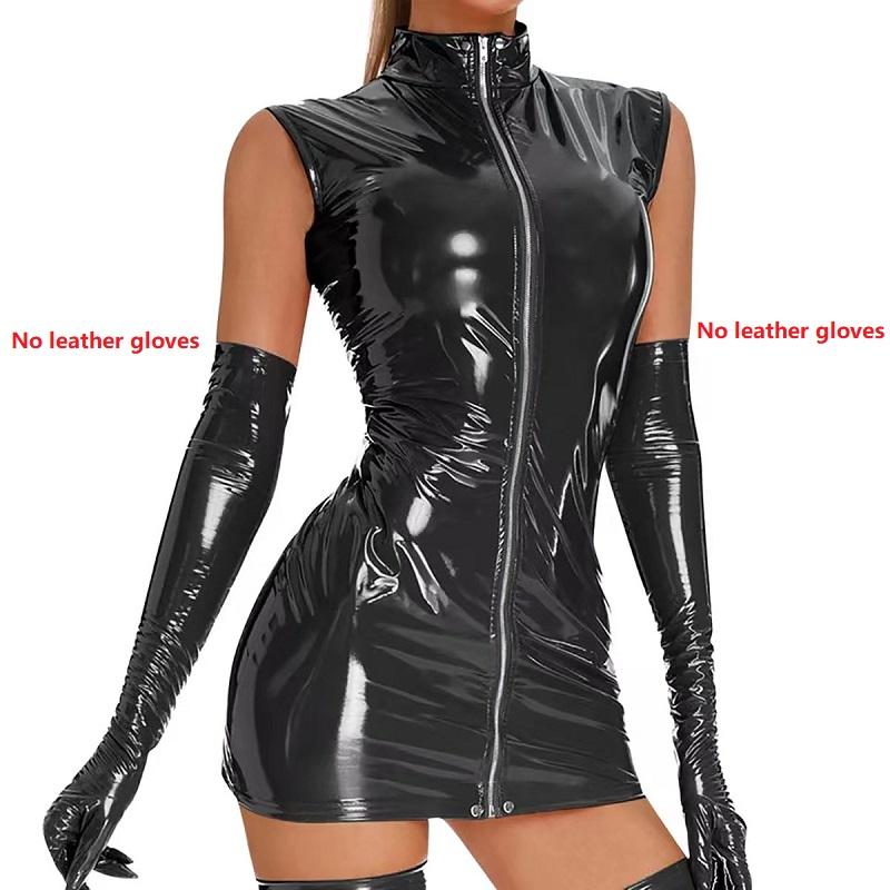 Joom Area Hot Women's Sexy Shiny Leather Dress Porn Zipper Crotch Latex Sheath Wrap Dress Sexy Bottom Erotic Breast Exposure Sexi