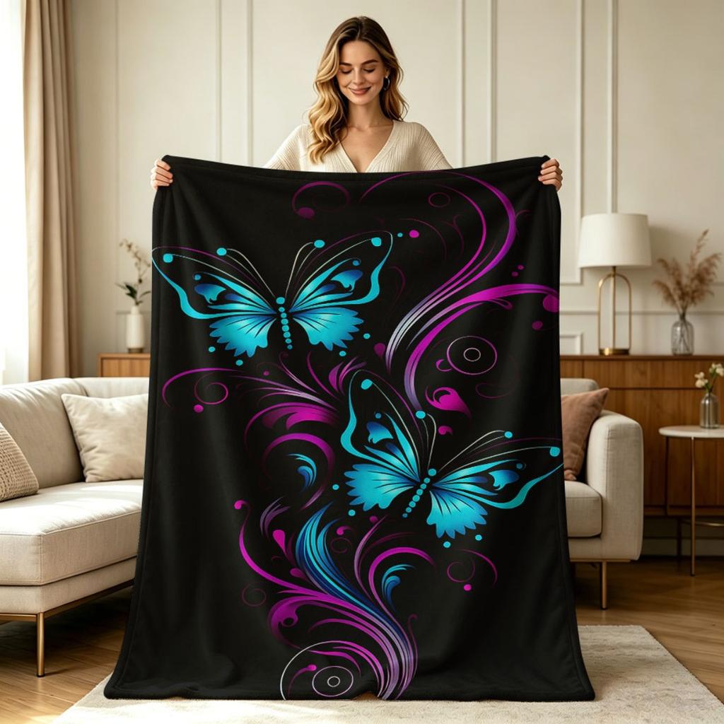 All Season Flannel Blanket with Butterfly Floral Swirl Print Soft Warm Throw Blanket for Couch Sofa Chair Bedroom Office Living Room Home Decorative