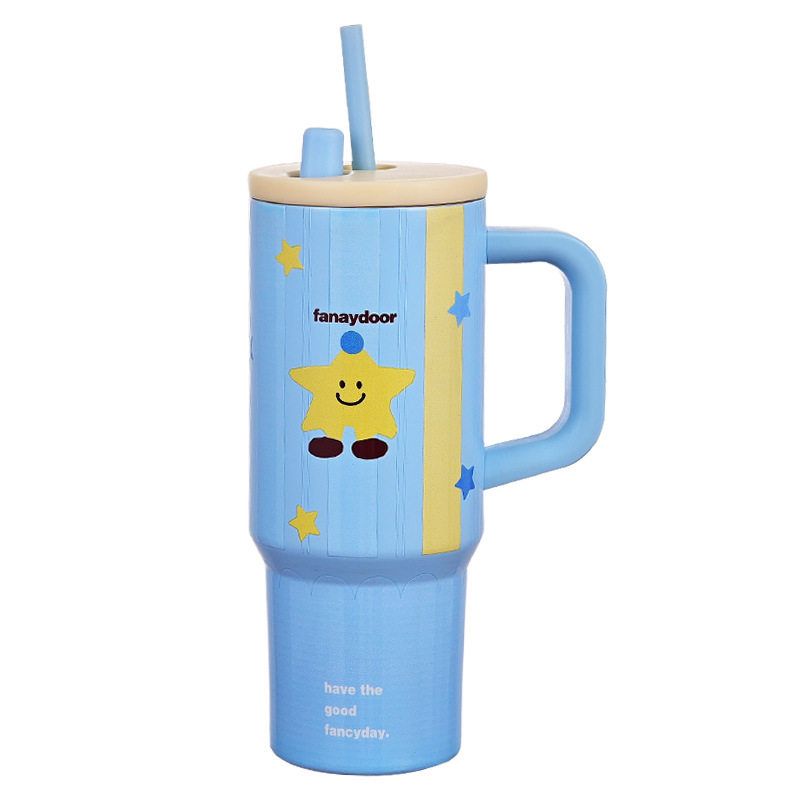 Large Capacity Thermos Cup for Women, Stylish Ice Cup, Cute Cartoon Portable Car Cup with Handle, Giant Straw Water Cup
