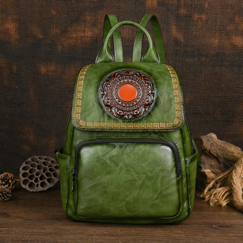 Johnature Vintage Ručně vyráběný Dámský Kožený Batoh Totemově Ražený Velká Kapacita Všestranné Cestovní Tašky