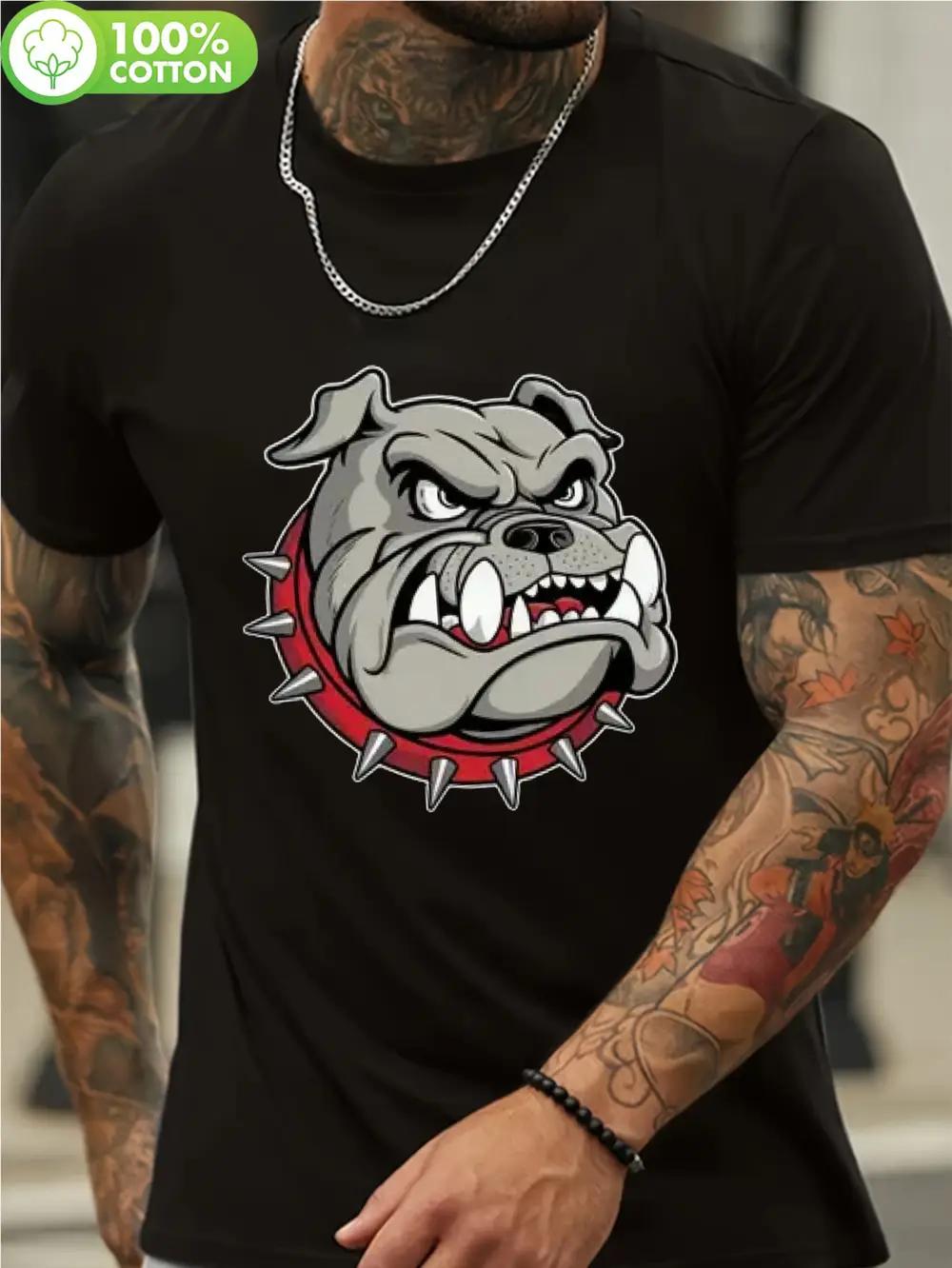 Black Bulldog Graphic T-shirt - 100% Cotton Crew Neck Short Sleeve Tee with Aggressive Bulldog & Spiked Collar Design L