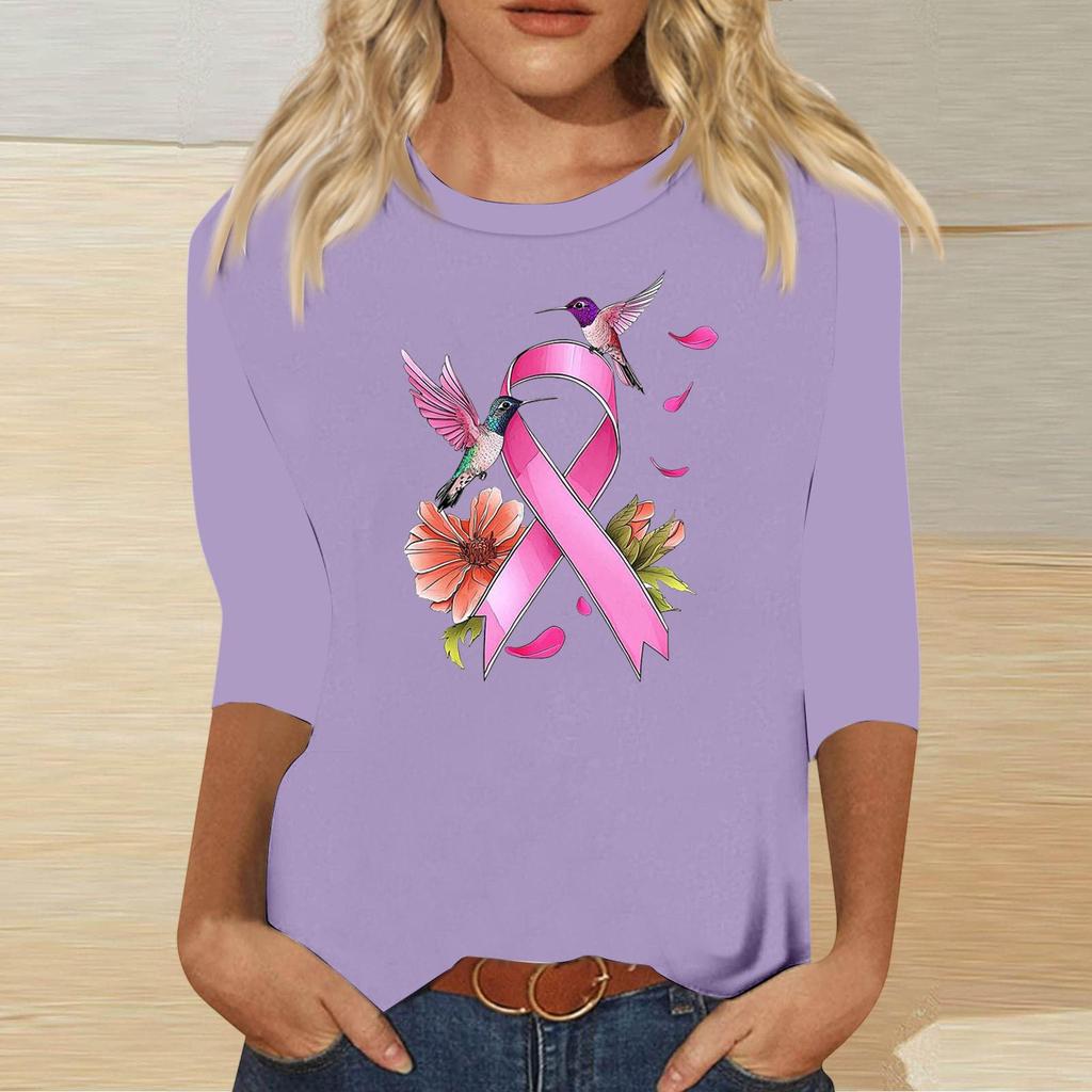 Women's Casual Round Neck Three-Quarter Sleeve Print Blouse with Ribbon and Butterfly Heart Pattern