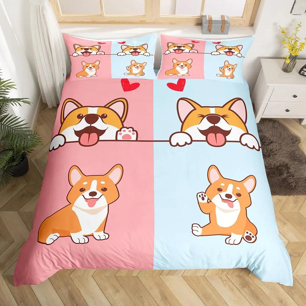 Zestaw poszewek na kołdrę z psem rasy Mops Corgi Shiba Szczeniak Poszewka na kołdrę z psem Kocham psy Zestawy pościeli Zwierzęta Kawaii Kreskówkowe narzuty Rozmiar pełny