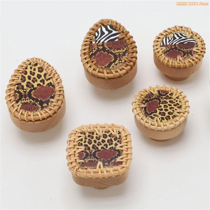 K1AE Wardrobe Knob Rattan Wooden Drawer Handle Cupboard Pulls Easy to Install