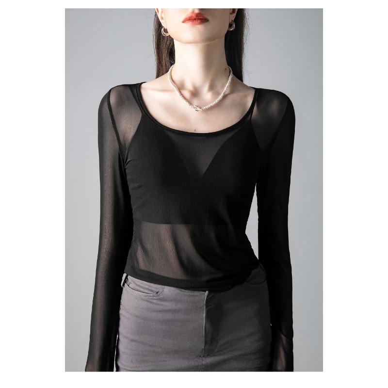 Black Mesh Top Sports Yoga Bottoming Shirt Long Sleeve Top