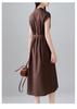 Minimalist printed round neck short sleeved dress for 2026 summer fashion, versatile and slimming, mid length lace up skirt