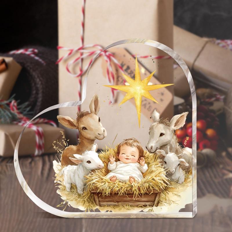 2D Fla "Nativity Scene" Heart-Shaped Acrylic Decoration Plaque, Golden Star Design, Suitable for Wall Decoration, Porch, Room, Villa, Accents Home, Ha