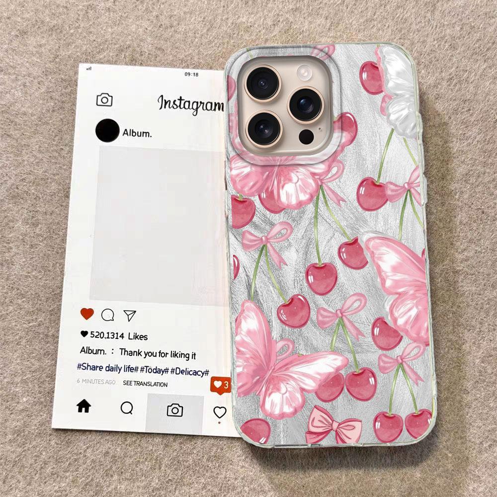 Pink Fruit Cherry Butterfly Feather Texture Phone Case for iphone 16 15 14 7 8 Plus 13 Pro Max X XS XR SE 2022 Silicone Cover