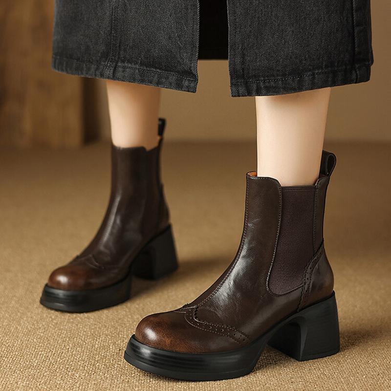 Fashion NEW Autumn Boots Women Split Leather Shoes for Women Round Toe Chunky Heel Women Shoes Black Platform Chelsea Boots Brogue Boots