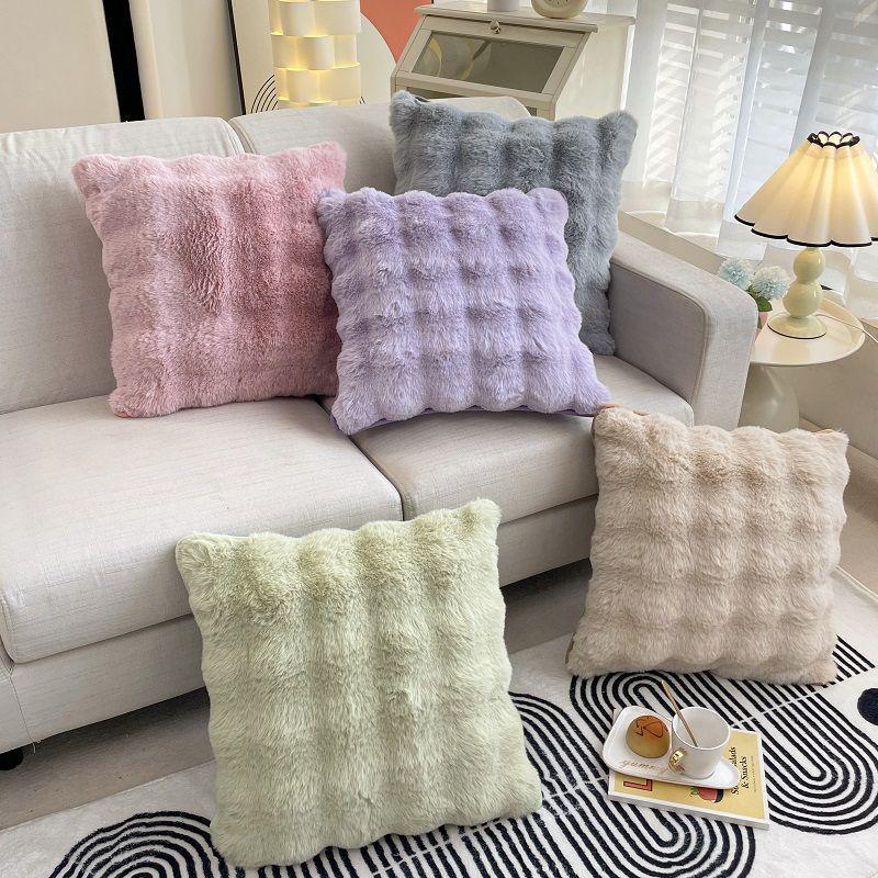 Pernă decorativă pătrată Nordic din blană artificială de iepure – Husă de pernă de lux culoare crem