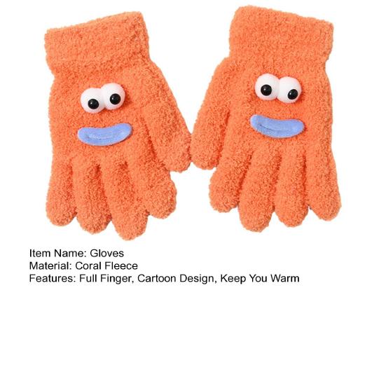 1 Paar Damen Korallenfleece Handschuhe Cartoon Augen Wurstmäuler Fünffinger Thermisch
