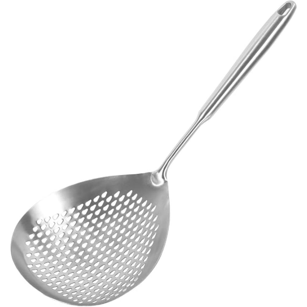 Stainless Steel Slotted Skimmer Spoon with Anti-Slip Wood Handle – Heat-Resistant, Thickened Pasta Spider Strainer