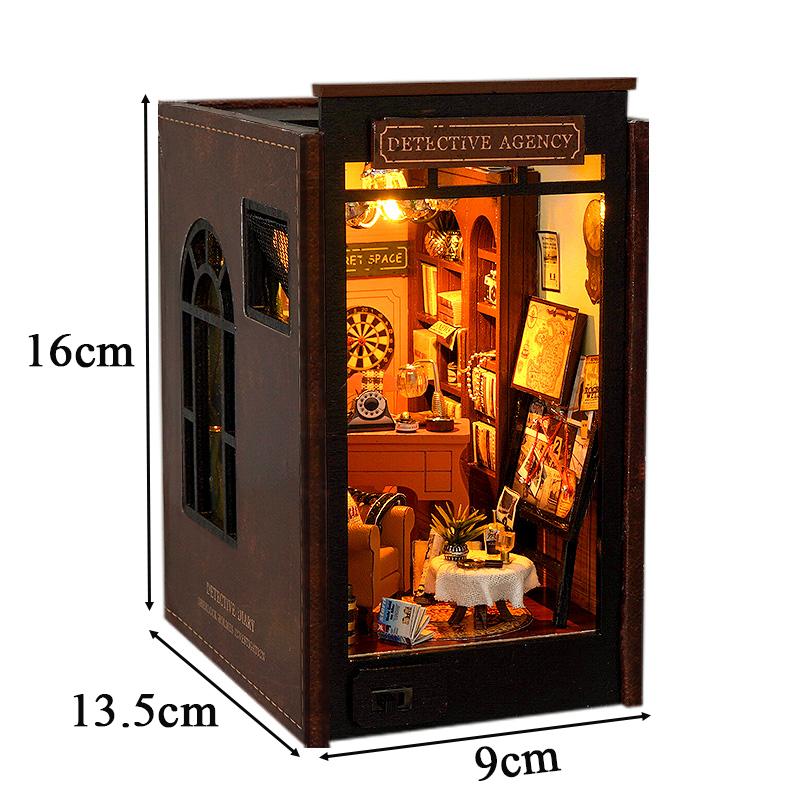 

DIY Book Nook Insert Shelf Kits Wooden Miniature Model Kit Detective Agency Casa Bookend Assembled Bookshelf Home Decor
