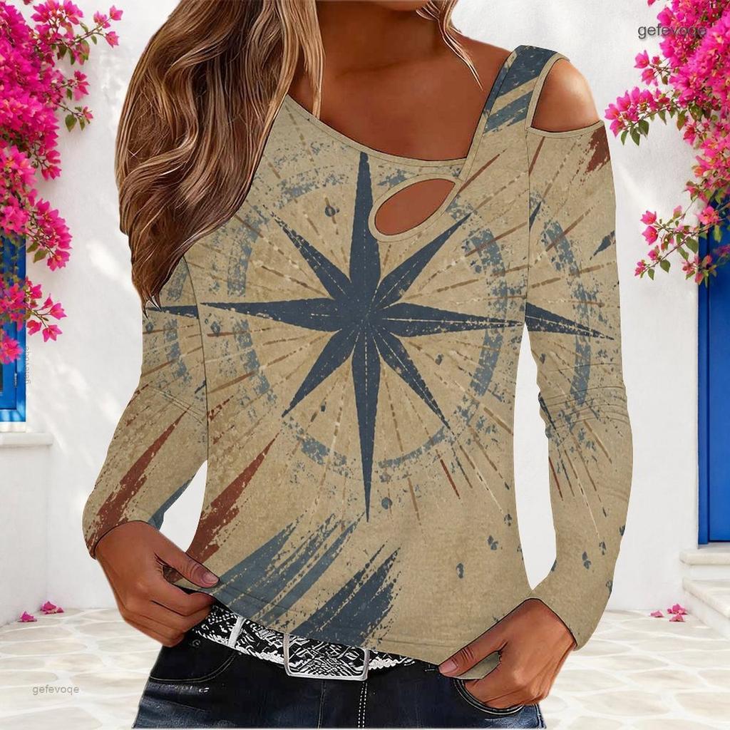 Women Plus Size Beige Red Navy Star Stripe Printed Asymmetric Cutout Cold Shoulder Long Sleeve Fitted Top