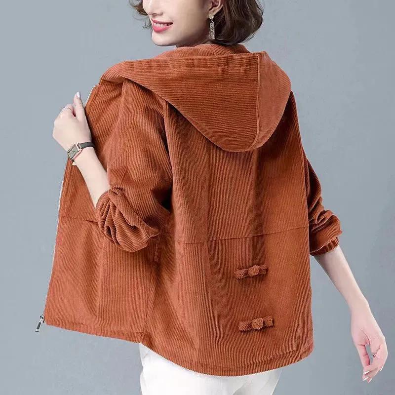 Corduroy Women's Short Jacket Korean Version Loose Spring and Autumn Versatile Style Plus Size Slimming Jacket Casual Hoodie for Women
