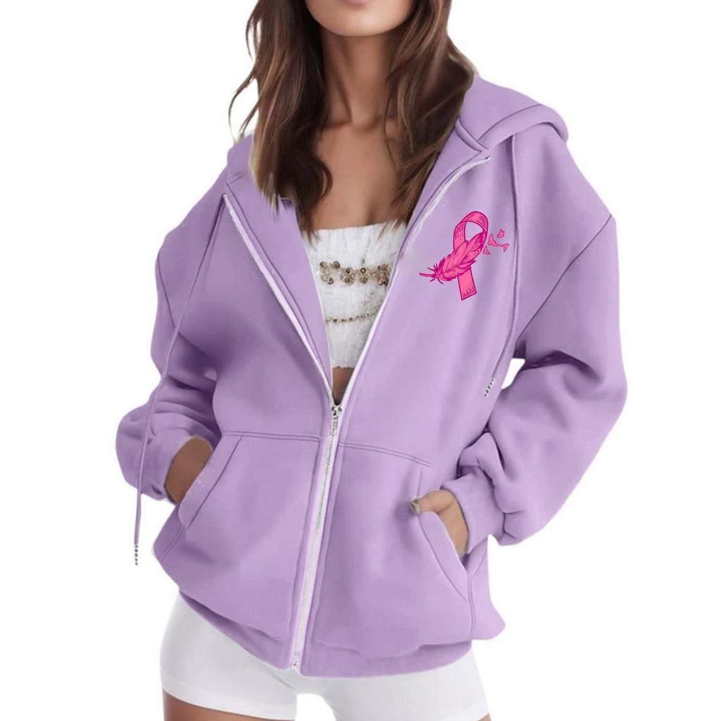 Women's Breast Sweatshirt Ribbon Breast Long Sleeve Hooded Pocket Casual Sweatshirt Jacket