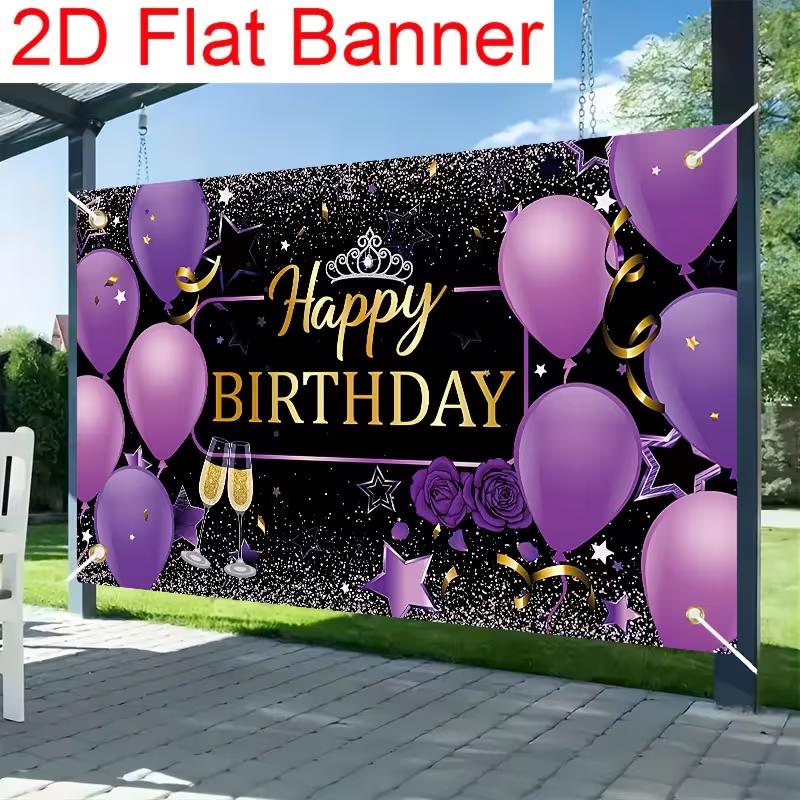 2D Flat Banner Birthday Backdrop Purple Black Gold for Women & Girls Themed Party Photos