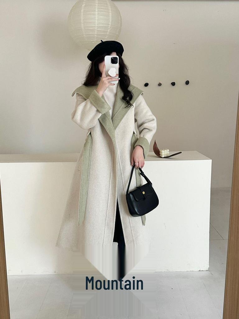 Palton supradimensionat cu glugă, amestec lână, toamnă/iarnă 2025, color block față-verso