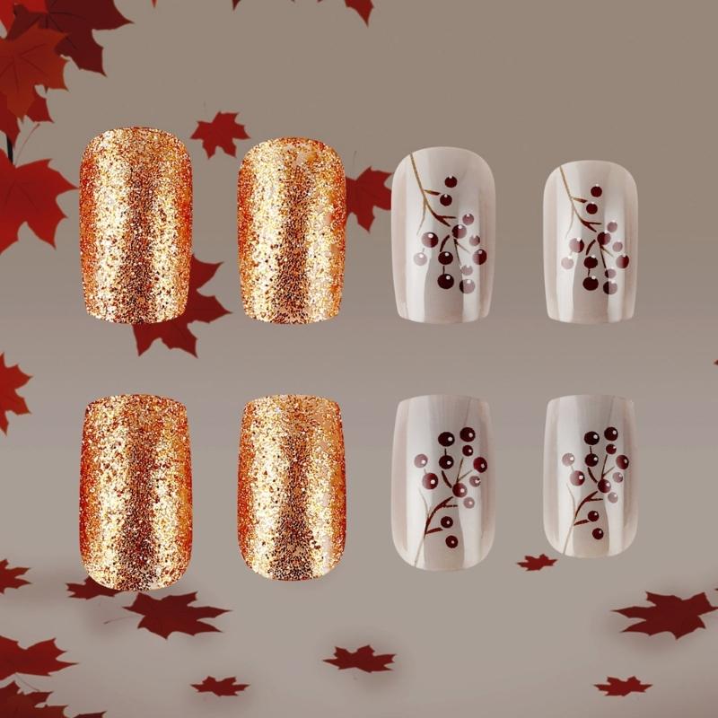 24x/Box Thanksgiving Nails Full Cover Stick on Nails Fall Press On Nails Artificial Nails Short Maple Leaves False Nails