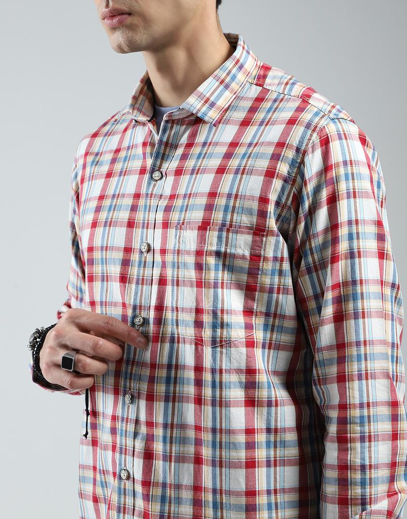 MONTE CARLO Męska koszula w kratę z czerwonym kołnierzykiem, z długim rękawem