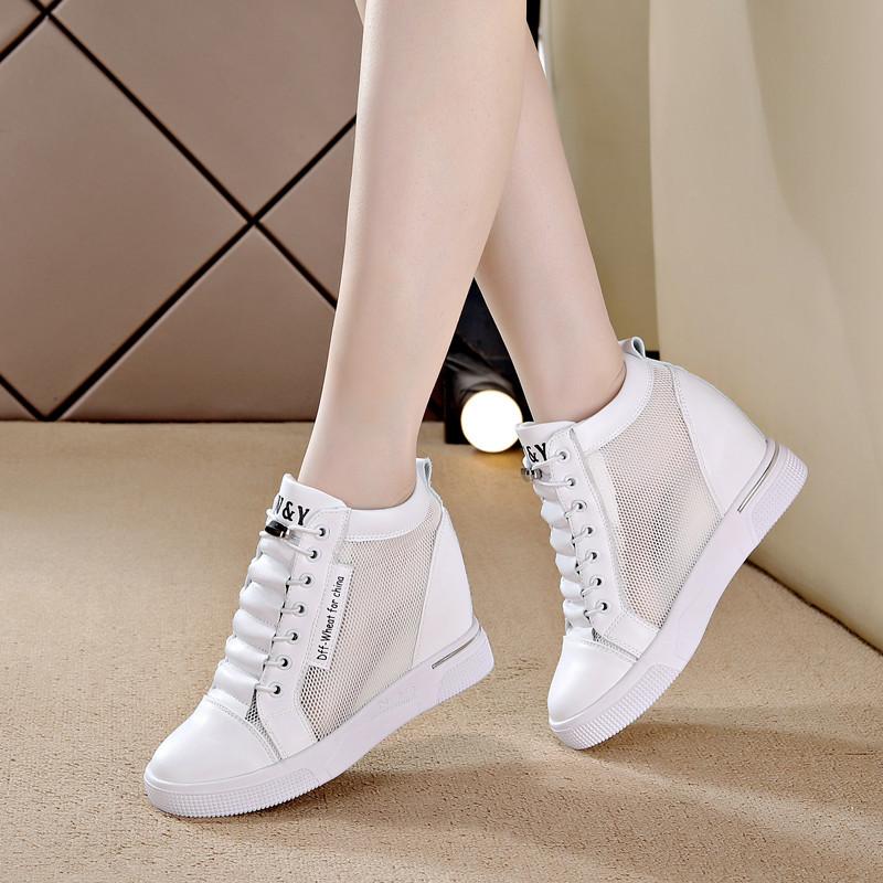 Netzschuhe Damen Innenhöherer Absatz Freizeitschuhe Keilabsatz Atmungsaktive Sportschuhe Elastische Reiseschuhe Einzelne Schuhe Frühling und Sommer