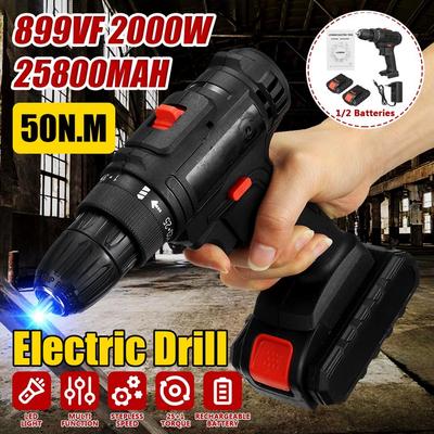 2000W 50N.m 3 In 1 Drill Hammer Variable Speed Cordless Impact Drill with 2 Batteries Cordless Electric Screwdriver