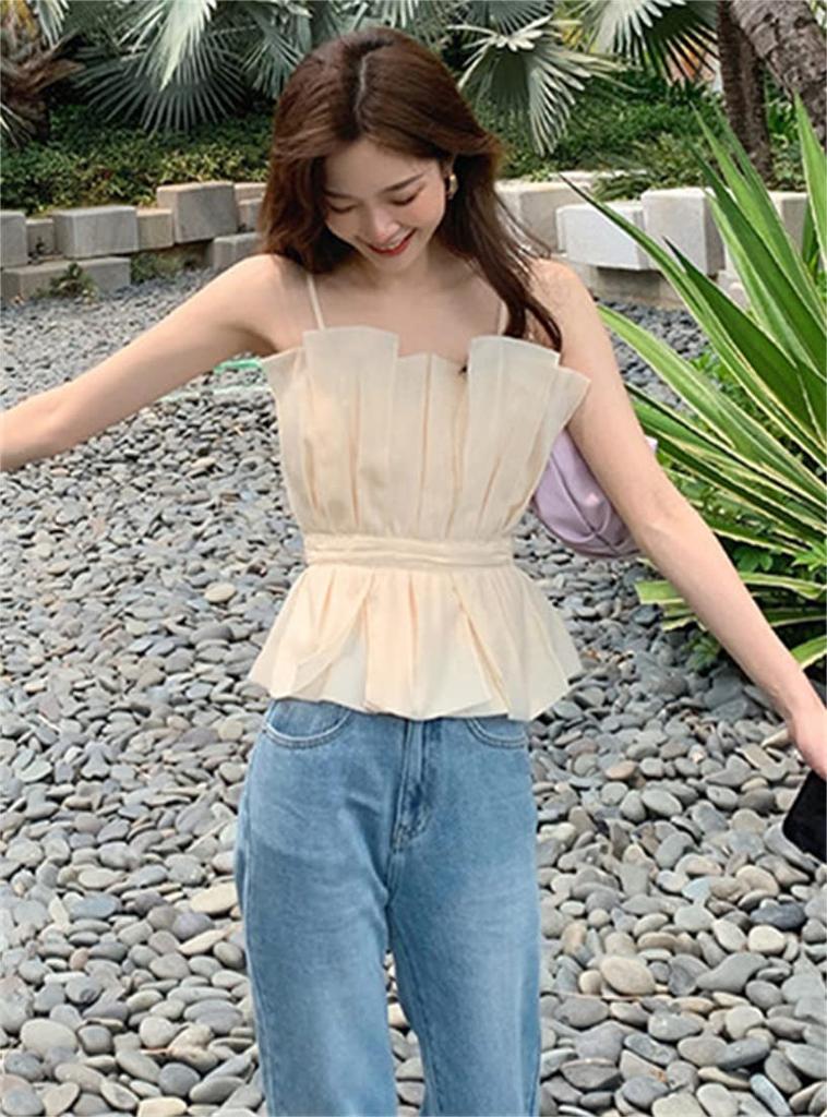 YUANYUAN Ruffled Summer Tucked Mini Perfect for Summer Size Women's Camisole, Camisole, Top, Underwear, Top, High-Waisted, Slimming, Retro, Stylish,