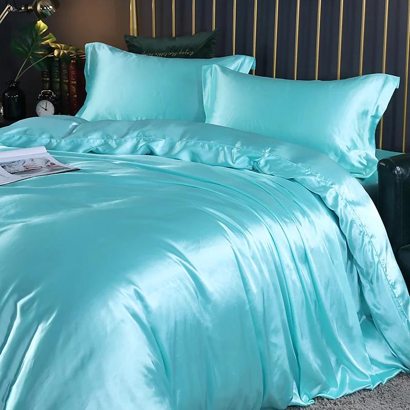 

Silk Bedding Set with Duvet Cover Fitted/Flat Bed Sheet Pillowcase Luxury Satin Bedsheet Solid Color King Queen Twin Size Flat Bed Sheet&Twin Size 4 pcs небесно-голубой