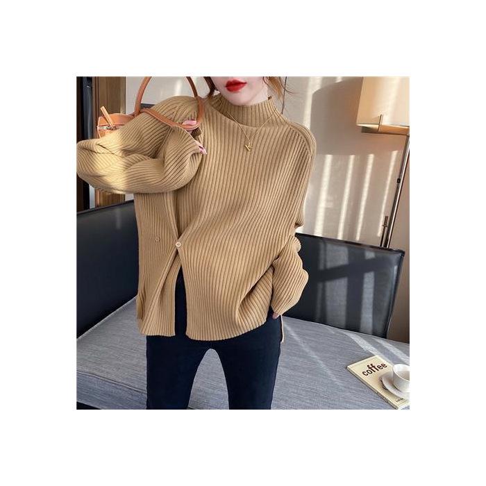 Women's Half Turtleneck Sweater - 2025 Autumn/Winter Fashion, Loose Fit, Versatile, Slimming, Split-Knit Design