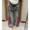 Damskie jeansy z prostą nogawką, luźny krój, vintage, haftowany wzór, średni stan, casualowe, bawełniane spodnie jeansowe