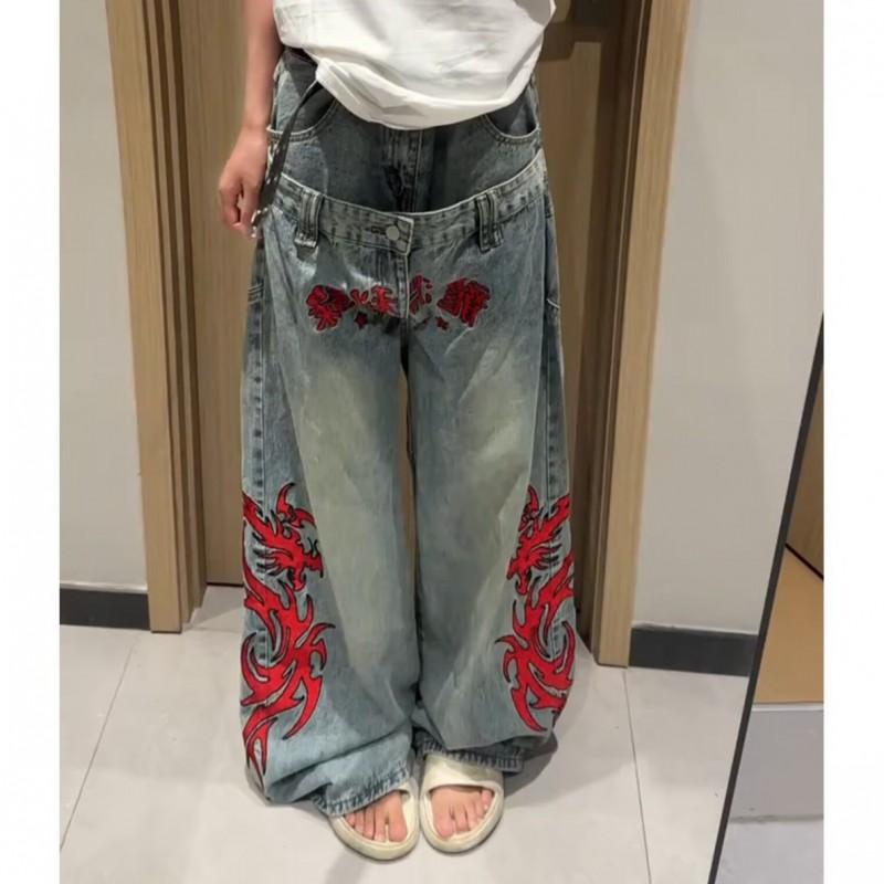 Damskie jeansy z prostą nogawką, luźny krój, vintage, haftowany wzór, średni stan, casualowe, bawełniane spodnie jeansowe