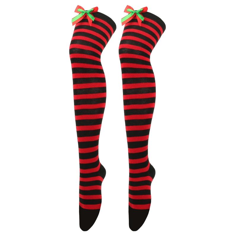 Striped Stockings For Women Over The Knee Long Socks Christmas Green Red Bowknot Long Socks Female Leg Stocking
