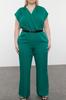 Women's Fashion Emerald Green Belted Double Breasted Collar Plus Size Woven Jumpsuit