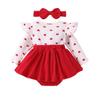 Baby Girls Valentine's Day Romper Dress Long Sleeve Ruffle Heart Letter Print Romper with Headband