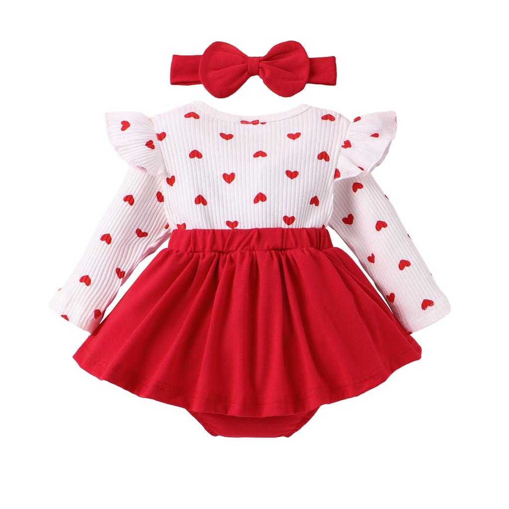 Baby Girls Valentine's Day Romper Dress Long Sleeve Ruffle Heart Letter Print Romper with Headband