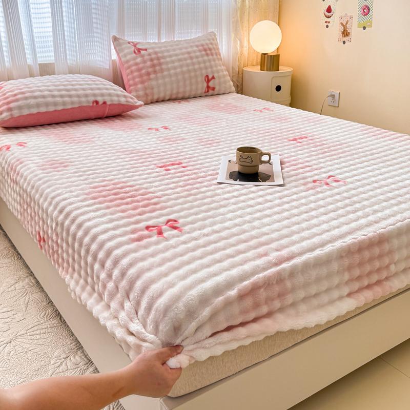 Warm Thick Bed Sheet for Winter Single/Queen/King Fleece Pluffy Fitted Bed Sheet Cartoon Mattress Cover(pillowcase need order)