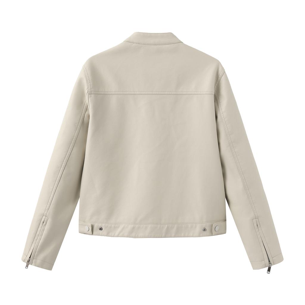 Women's Casual Solid Color Stand Up Collar Long Sleeved Zipper Pocket Jacket Motorcycle Suit Jacket Leather Jacket